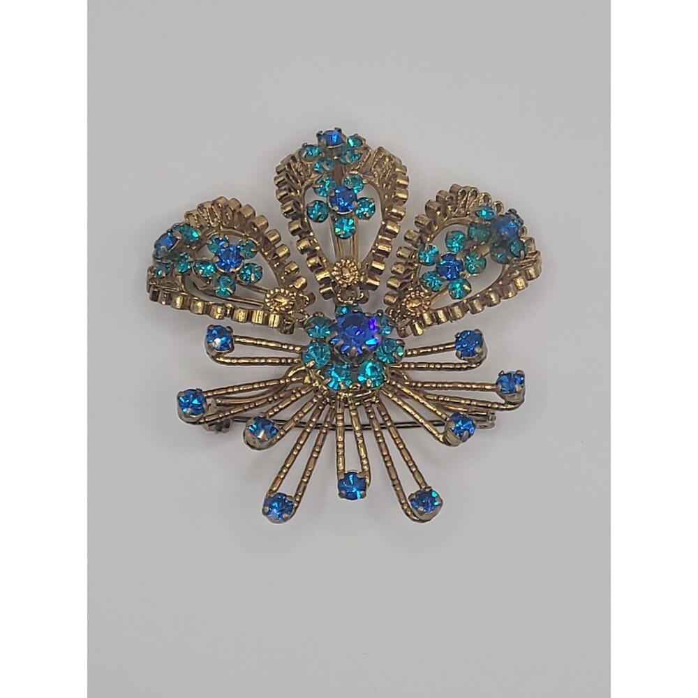 Vintage Brooch Starburst Blue Green Rhinestones Gold Tone Ornate Statement